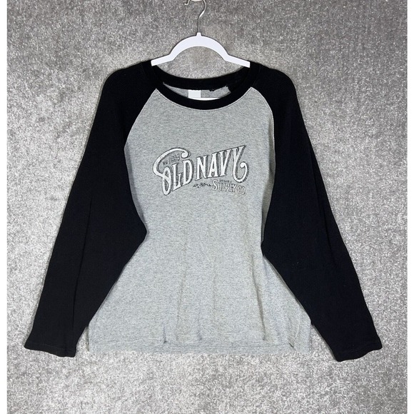 Old Navy Long Sleeve Waffle Knit SPELLOUT Raglan Shirt Mens Size XL Gray Black - Picture 1 of 7
